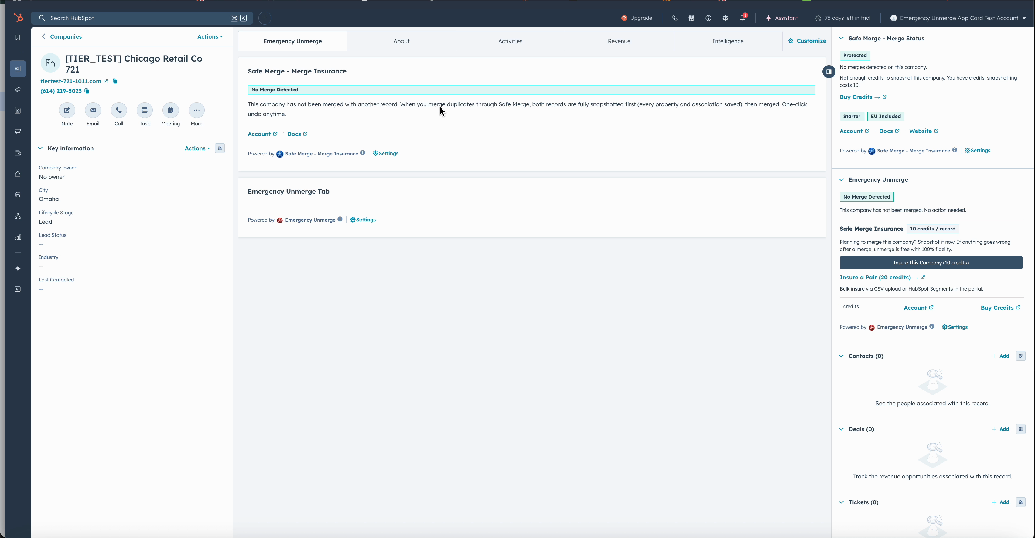 Safe Merge sidebar card on a HubSpot company record showing merge detected status and protection badge