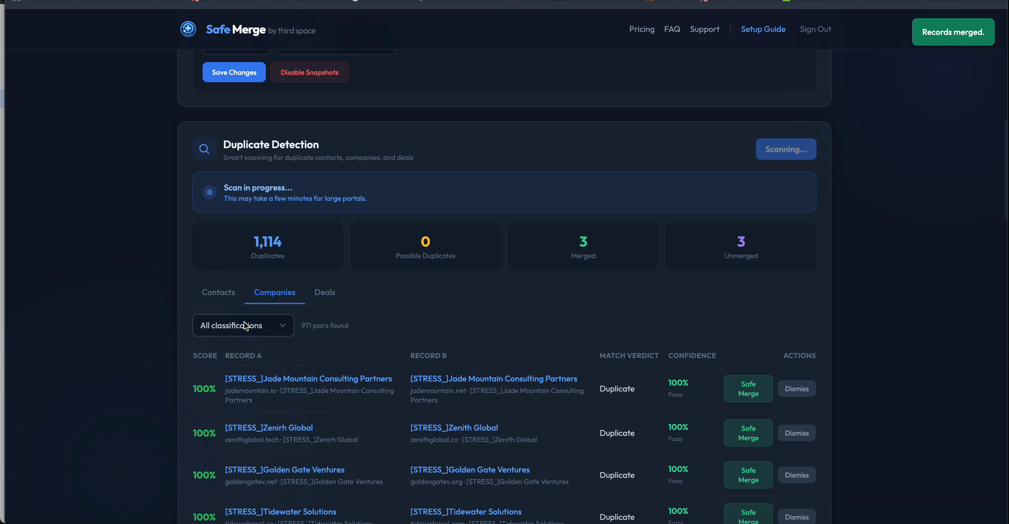 Safe Merge duplicate detection dashboard showing 1,114 duplicates with confidence scores and merge actions
