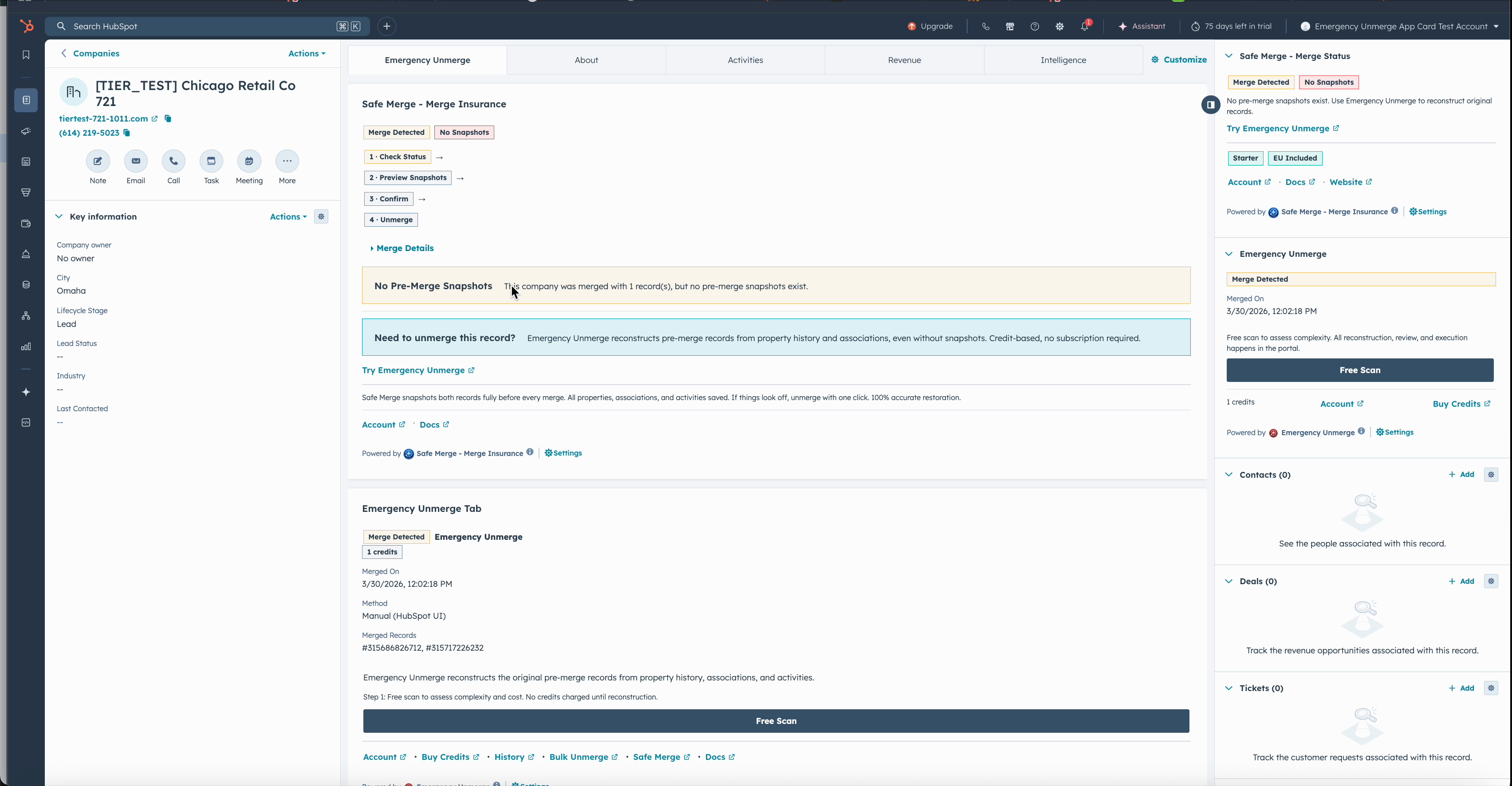 Safe Merge CRM card showing merge detected on a HubSpot record